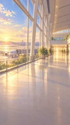 An airport arrival hall at sunset