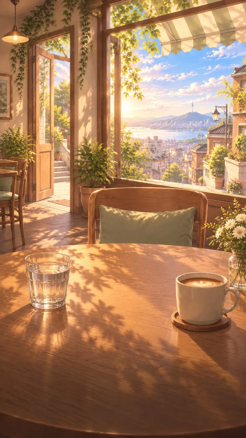 A cup of coffee on a café table, with the city beyond the open window