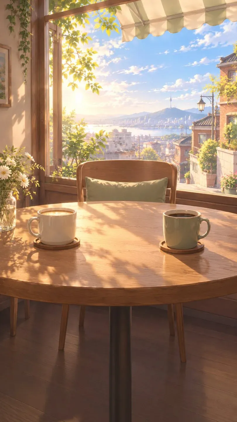 Two cups on a café table by a window overlooking the city