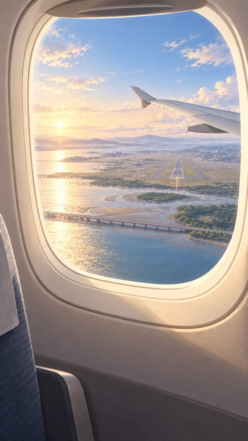 A runway coming into view through the plane window as it descends