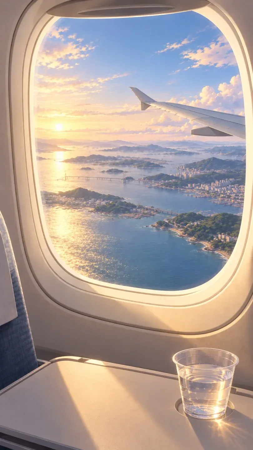 A plane window over the sea, a few minutes before landing in Korea