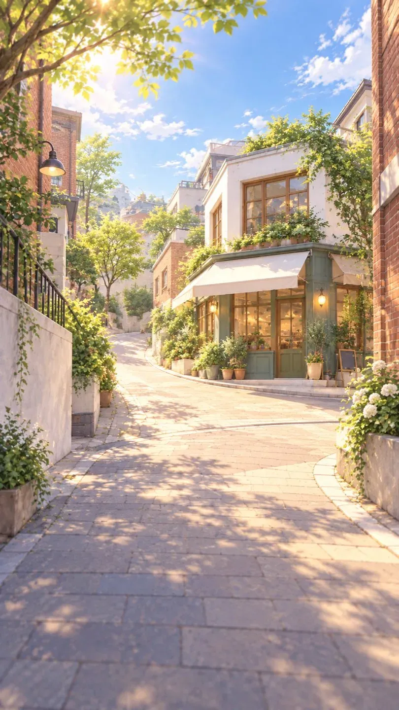 A sunlit street in Korea with a café on the corner